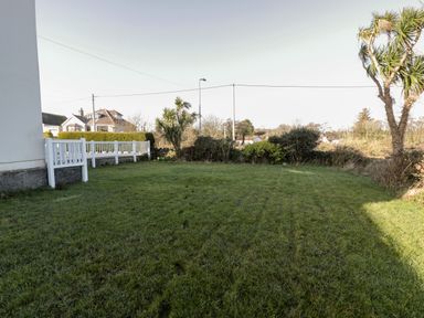 A grassy backyard with a white fence on the left and palm trees at Halcyon in Moelfre near Benllech