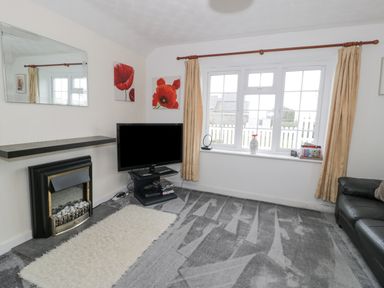 A living room with a fireplace television and window with curtains at Halcyon Annexe in Moelfre near Benllech