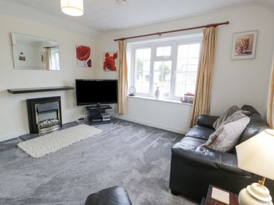 A living room with a black leather sofa a television a fireplace and large window at Halcyon Annexe Moelfre near Benllech
