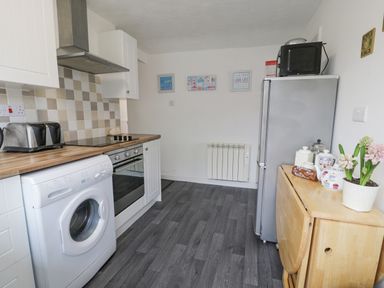 A kitchen with washing machine oven toaster refrigerator and a small table with flowers at Halcyon Annexe Moelfre near Benllech
