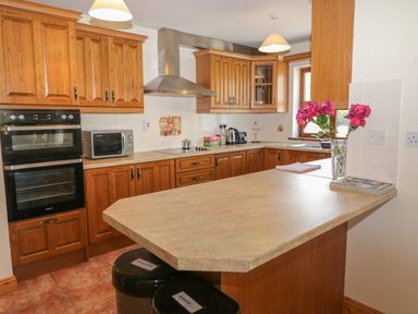 A kitchen with wooden cabinets oven microwave stove and a countertop with flowers in a vase at Dooneen near Castletownshend County Cork