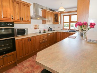 A kitchen with wooden cabinets a double oven microwave stovetop and a countertop with flowers in a vase at Dooneen near Castletownshend County Cork
