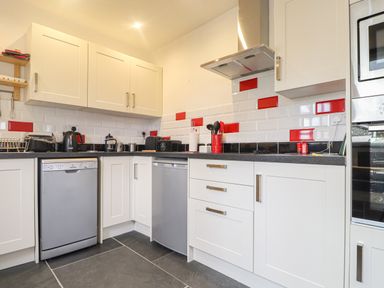 A kitchen with white cabinets black and red tiled backsplash and stainless steel appliances at Y Bwthyn Newport in Newport Pembrokeshire