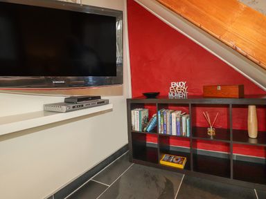 A mounted television above a white shelf with electronic devices next to a black cubed bookshelf with books and decorative items on a red wall at Y Bwthyn Newport in Newport Pembrokeshire