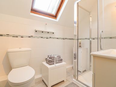 A bathroom with a toilet, a shower with glass doors, a white cabinet with folded towels, and a skylight window at Y Bwthyn Newport in Newport Pembrokeshire