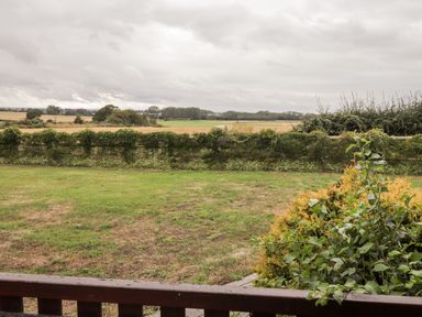 A view of a grassy yard with bushes and hedges overlooking fields at 4 Country View Park in Graveney near Seasalter