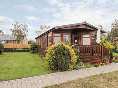 A wooden cabin with windows and a small porch surrounded by bushes and a lawn at 4 Country View Park in Graveney near Seasalter