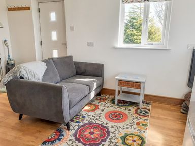 A small living area with a gray sofa, a side table with a wicker drawer, a colorful patterned rug, and a window showing trees at Valley View in Mevagissey