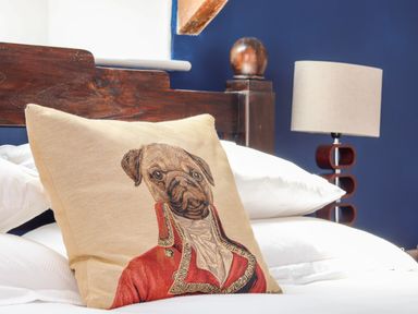 A bed with white pillows and a cushion featuring a dog in a red coat with a wooden headboard and a lamp against a blue wall at The Water House in Falmouth