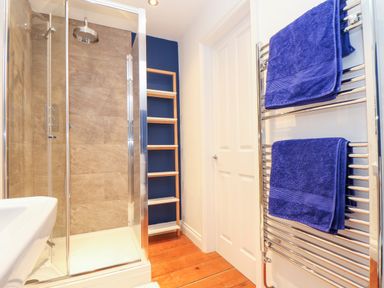 A bathroom with a glass shower enclosure a towel warmer with blue towels a white door and wooden floorboards at The Water House in Falmouth