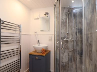 A bathroom with a glass shower enclosure wooden countertop sink and heated towel rail at Sebright in St Austell