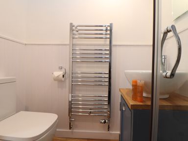 A bathroom with a toilet a wall-mounted towel radiator a sink on a wooden cabinet and a glass shower door at Sebright in St Austell