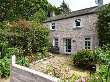 A stone cottage with a small garden and paved patio at Milkwood Cottage in Fishguard Pembrokeshire