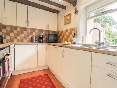 A kitchen with white cabinets a red rug and a window overlooking a garden at Milkwood Cottage in Fishguard Pembrokeshire