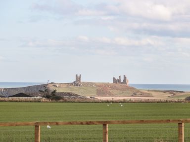 Green field with wooden fence and birds with ruins on a hill and the sea in the background at Stable D'or in Embleton