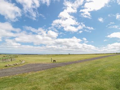 A grassy field with a dirt path under a partly cloudy sky at Stable D'or in Embleton