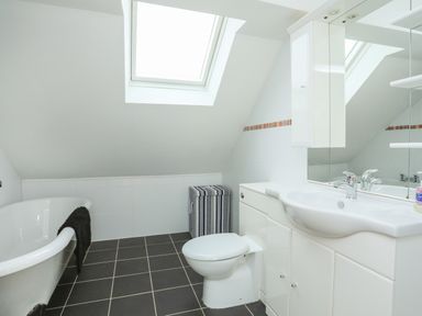 A bathroom with a bathtub toilet sink and skylight window at Red Ridge in Llandanwg near Harlech