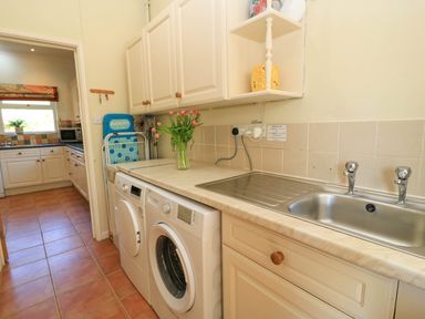A laundry room with washing machine dryer sink and flowers on the counter at Downs View in Norton Ferris