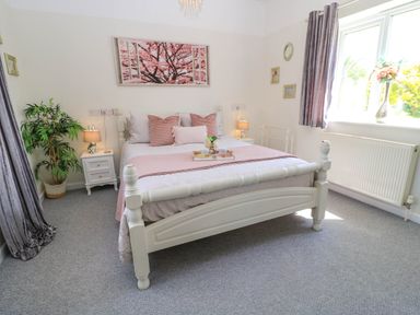 A bedroom with a white bed with pink pillows and blankets two bedside tables with lamps a potted plant and a window with curtains at Downs View in Norton Ferris