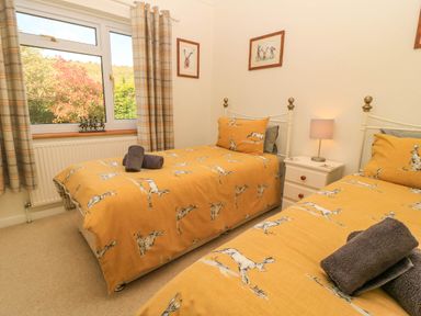 A bedroom with two single beds with yellow bedding and animal prints at Downs View in Norton Ferris