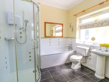 A bathroom with a shower enclosure bathtub toilet pedestal sink and window at Downs View in Norton Ferris