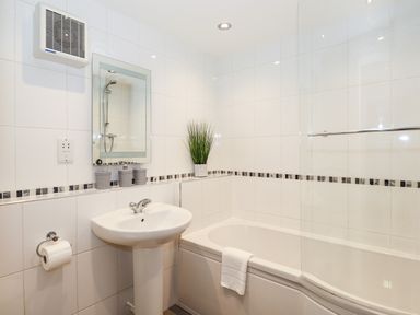 A bathroom with a bathtub with towel a sink a mirror and a small plant on the ledge at Spring Cottage in Ambleside