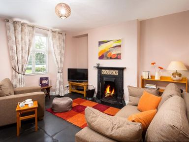 A living room with a fireplace television and couches at Dormouse Cottage in Coniston