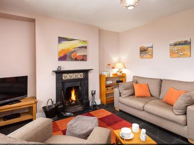 A living room with a fireplace two sofas orange cushions a television and paintings at Dormouse Cottage in Coniston