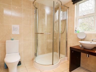 A bathroom with a toilet shower and sink with mirror at Buttonhole Cottage in Ambleside