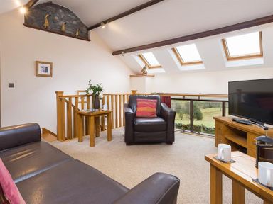 A living room with leather sofas wooden tables TV and skylight windows at Nest Barn in Keswick