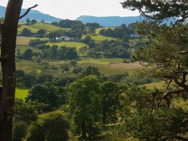 A rural landscape with fields trees hills and houses in the distance at Nest Barn in Keswick