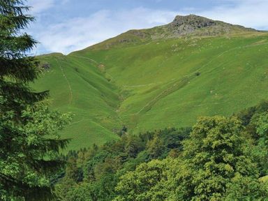 A green hillside with trees in the foreground and a rocky peak in the background at Lanterns At Grasmere in Grasmere