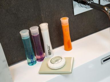 A bathroom sink with small bottles of bath products and a round soap at Underhowe in Grasmere