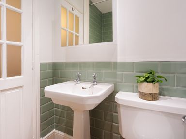 A bathroom with a white sink and toilet green tiled walls and a plant on the toilet at Hill Cottage in Ambleside