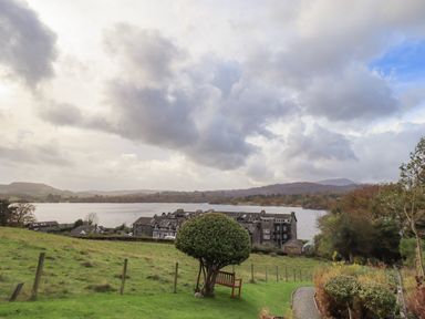 A hillside view with a tree and bench overlooking buildings and a lake surrounded by hills at Pure Grace in Ambleside