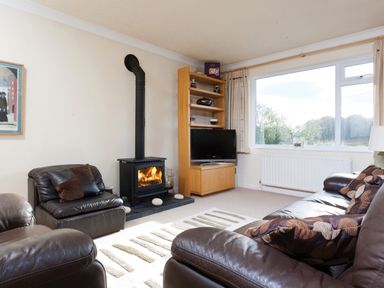 A living room with leather sofas a wood burning stove a television on a wooden stand and a large window at Honister Cottage in Ambleside