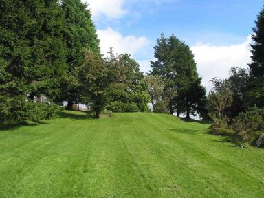 A grassy area with trees and shrubs under a partly cloudy sky