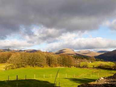 A green field with a wire fence and trees with hills in the background under a cloudy sky at Honister Cottage in Ambleside