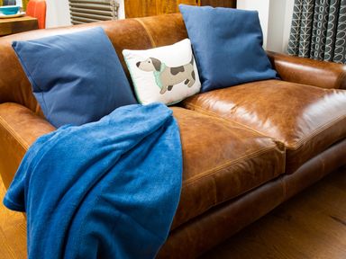 A brown leather sofa with two blue pillows a pillow with a dog illustration and a blue blanket draped on the seat at Wynford in Ambleside