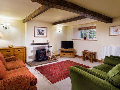 A living room with red and green sofas a fireplace a television and wooden furniture at Horrockwood Farm in Watermillock