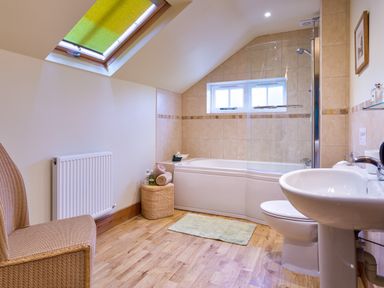A bathroom with a bathtub shower toilet sink wicker chair and skylight window at Horrockwood Farm in Watermillock