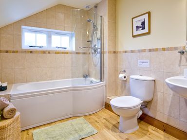 A bathroom with a bathtub shower combination toilet and sink at Horrockwood Farm in Watermillock