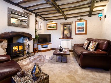 A living room with a fireplace a television a leather sofa and a coffee table at Tipsy Gin Cottage in Crosthwaite