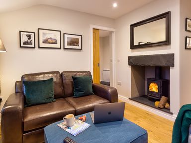 A living room with a brown leather sofa two green cushions a coffee table with a laptop a magazine and a cup a fireplace with fire and a mirror above it at Barn End Ambleside