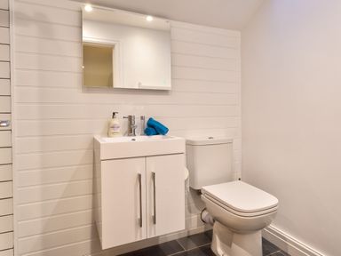 A bathroom with a white sink cabinet mirror and toilet at Barn End Ambleside