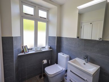 A bathroom with a toilet sink mirror and window at Rowan Cottage in Grasmere