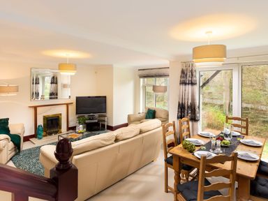 A living room with beige sofas a fireplace a television a wooden dining table with chairs and place settings at Beech View in Ambleside