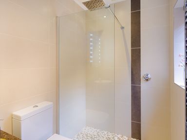 A bathroom with a toilet and a walk-in shower area with glass screen at Beech View in Ambleside