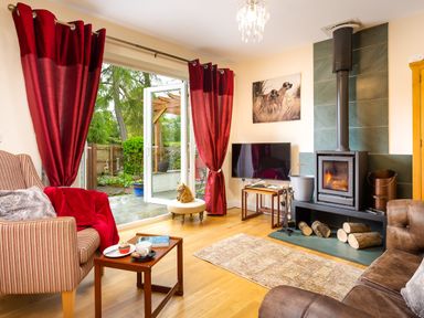 A living room with a wood-burning stove red curtains open glass doors and wooden furniture at Artists Hideaway in Keswick
