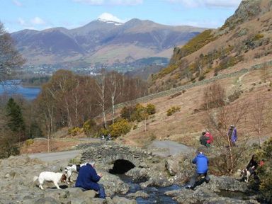 A group of people and dogs near a stone bridge over a stream in a hilly landscape with mountains in the background at Artists Hideaway Keswick
